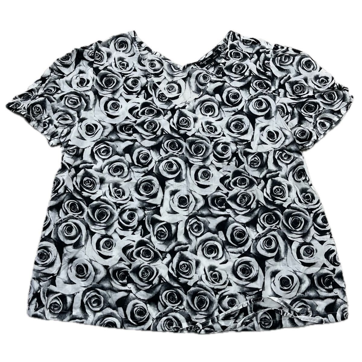 agnes b. アニエスベー 薔薇 総柄 半袖ブラウス Vネック Tシャツ カットソー 38 M相当 トップス モノトーン 黒 白 ローズ レディース拍卖