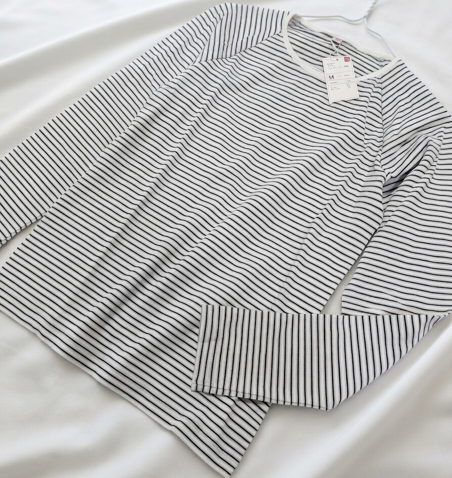 新品■送料180円■ユニクロ■レディース ボーダー クルーネック長袖Tシャツ■Mサイズ■ラグラン袖拍卖