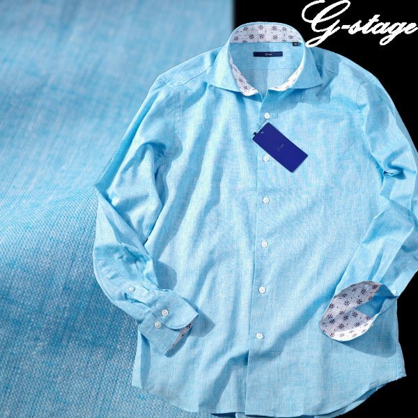 新品1円~★g-stage ジーステージ メンズ 春夏 長袖 コットンリネンシャツ 綿麻 シャンブレー シャツ 46 M ワイドカラー ブルー ◆6969◆拍卖