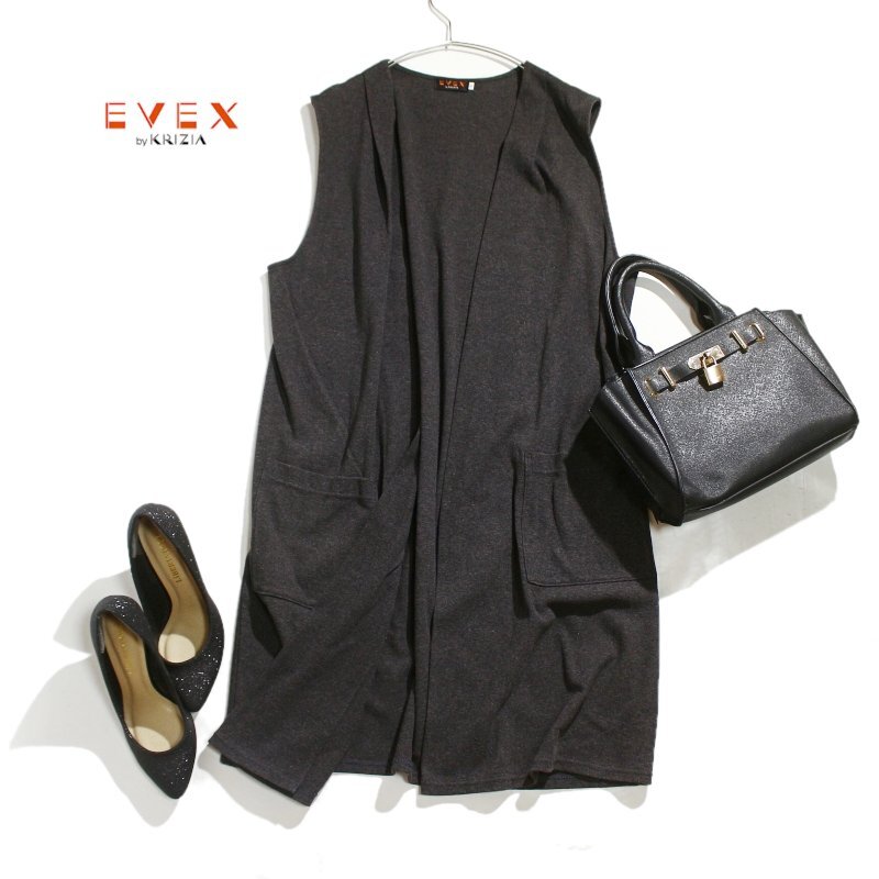 美品 EVEX by KRIZIA エヴェックス バイ クリツィア 大きいサイズ46 100% ロングベスト ノースリーブ チャコールグレー 17号 ノースリーブ拍卖
