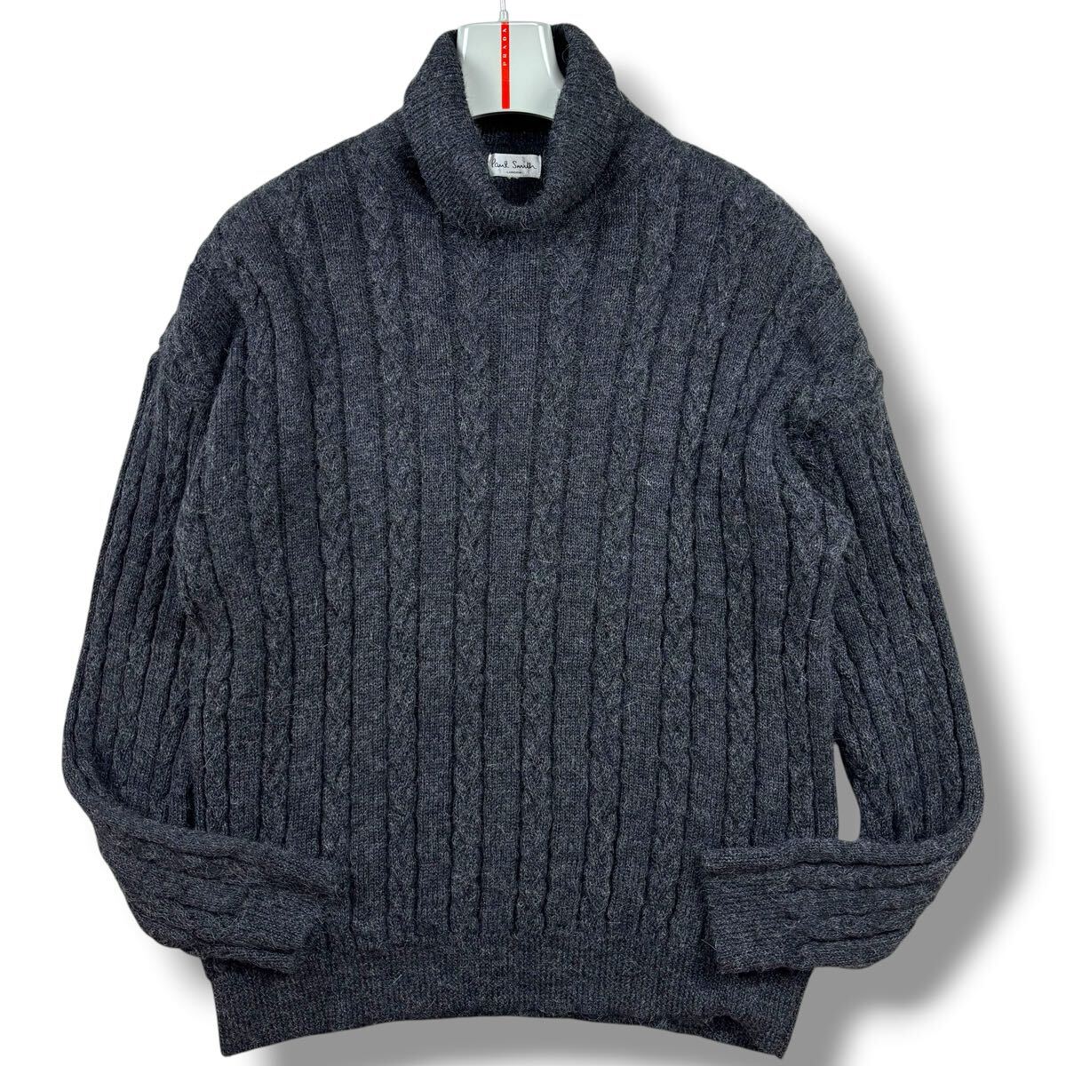 1円 美品 L~XL.LL ポールスミス Paul Smith LONDON 長袖ニットセーター ケーブル編み タートルネック アルパカ100% 日本製 メンズ グレーL拍卖