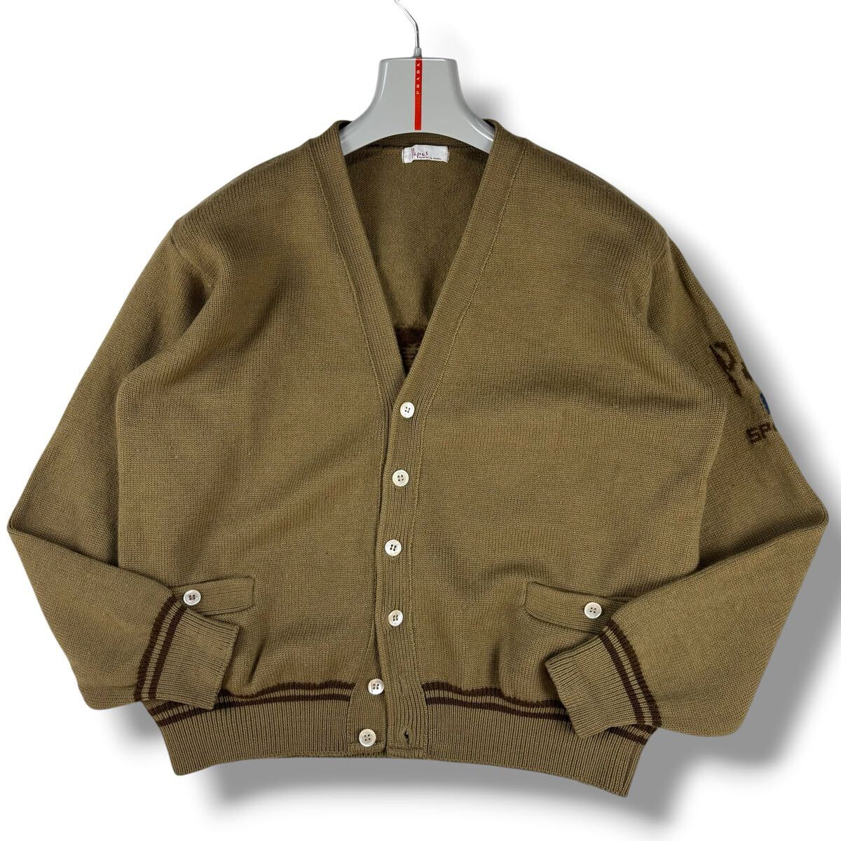 1円 美品 L~XL.LL パパス PAPAS 長袖ニットカーディガン デカロゴ 総柄 日本製 メンズ ブラウン系拍卖