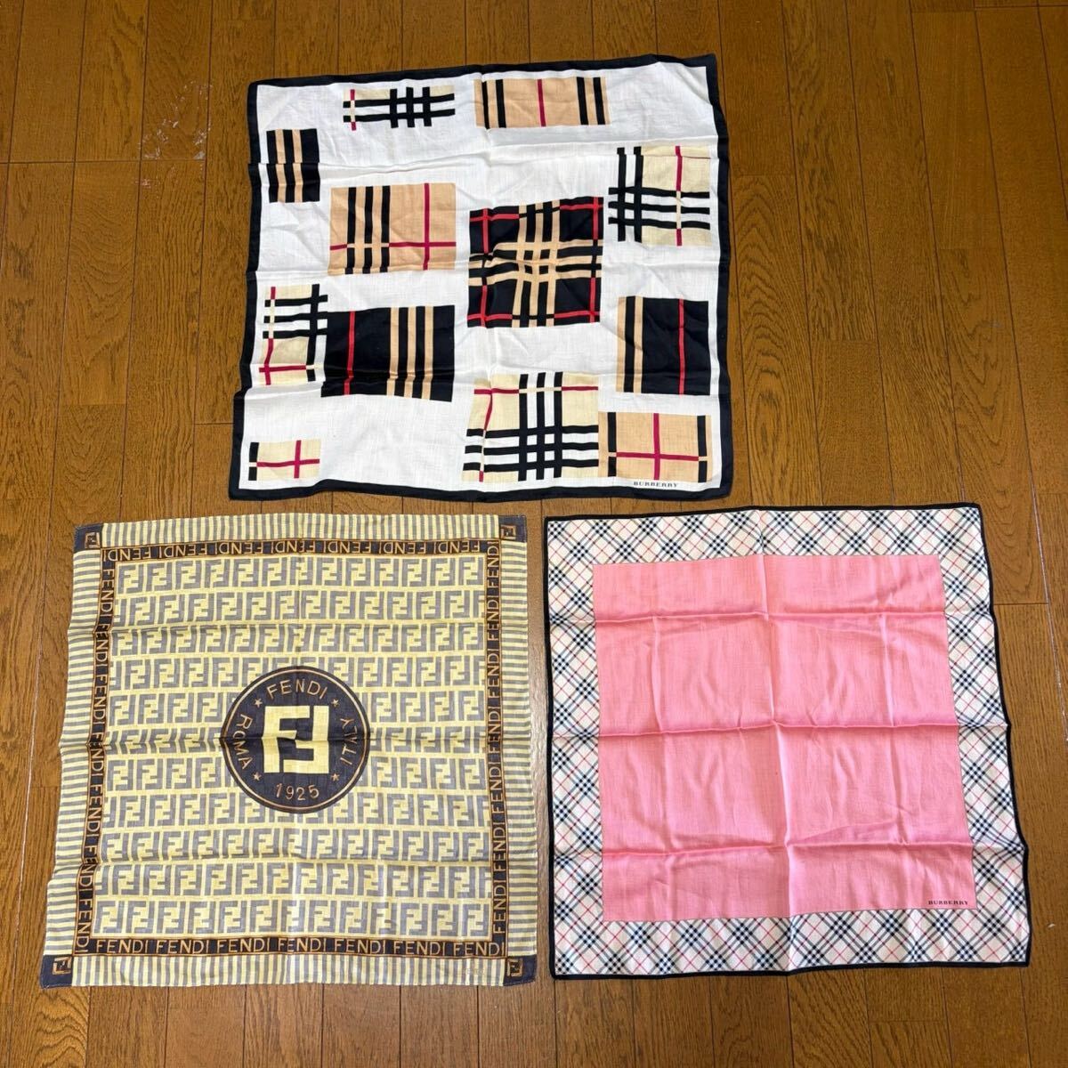 バーバリー フェンディ ハンカチ 3枚セット まとめ売り BURBERRY FENDI スカーフ ノバチェック ズッカ柄 ズッカ 総柄 小物拍卖