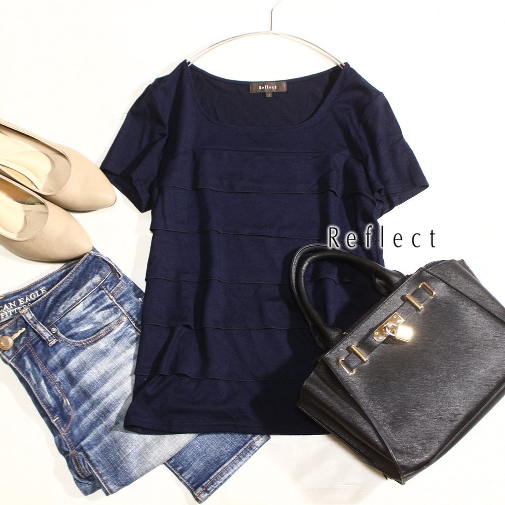美品 Reflect リフレクト 上品綺麗め ティアード ストレッチ カットソー 11号 L 春 夏 紺 ネイビー ワールド 26D06拍卖