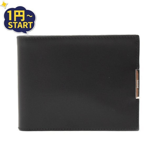 【1円~】プラダ PRADA 二つ折りウォレット 財布 札入れ カーフレザー M114 ブラック 中古拍卖