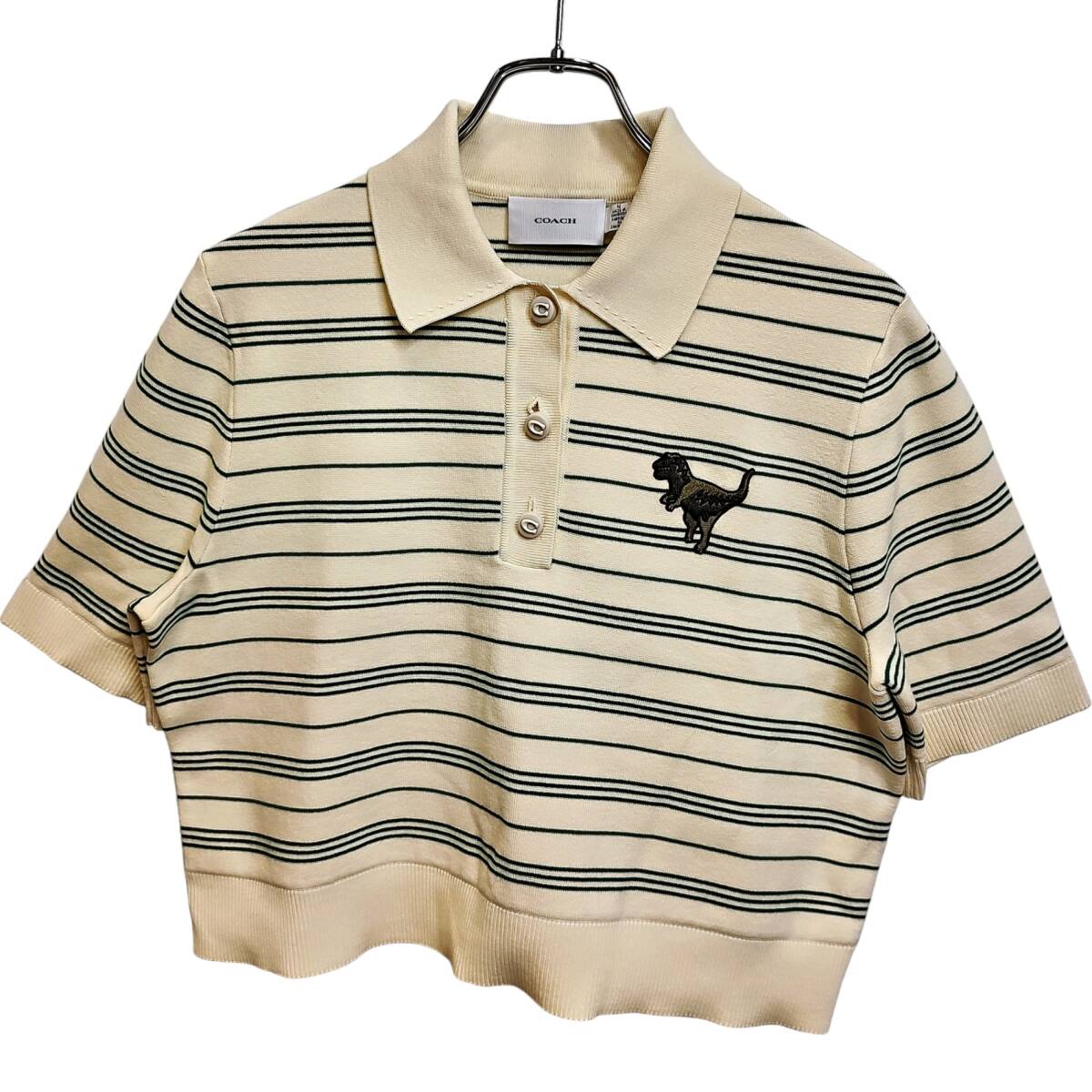 COACH コーチ 26SS Rexy 10th Birthday S/S Polo レキシー 10TH バースデー 半袖 ポロシャツ CDI63 M ベージュ×グリーン レディース拍卖