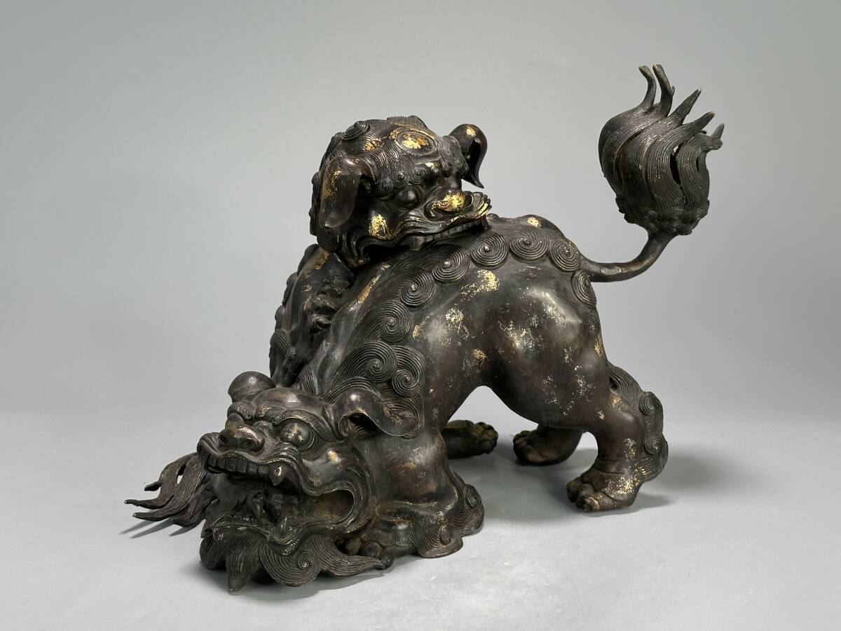 J28S30 中国美術 古銅製 鍍金 獅子香炉 置物 時代物 銅香炉 唐物 拍卖