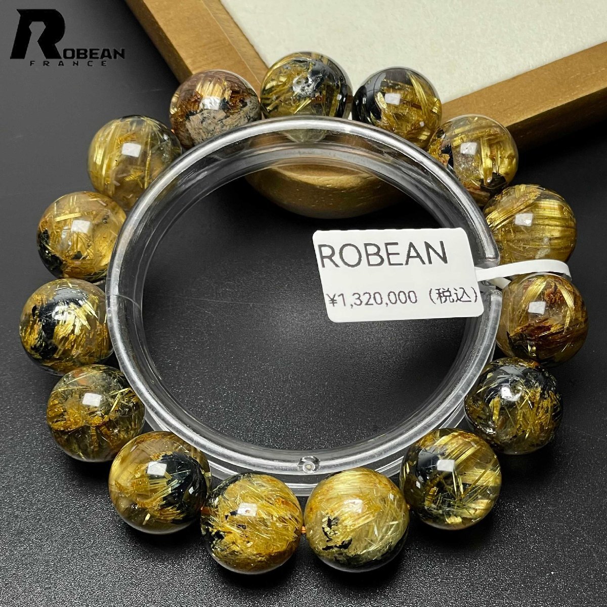 【一点限り】EU製★ROBEAN・太陽花タイチンルチル★黄金針水晶 金運 開運 ブレスレット パワーストーン 14.8-15.6mm D0520638拍卖