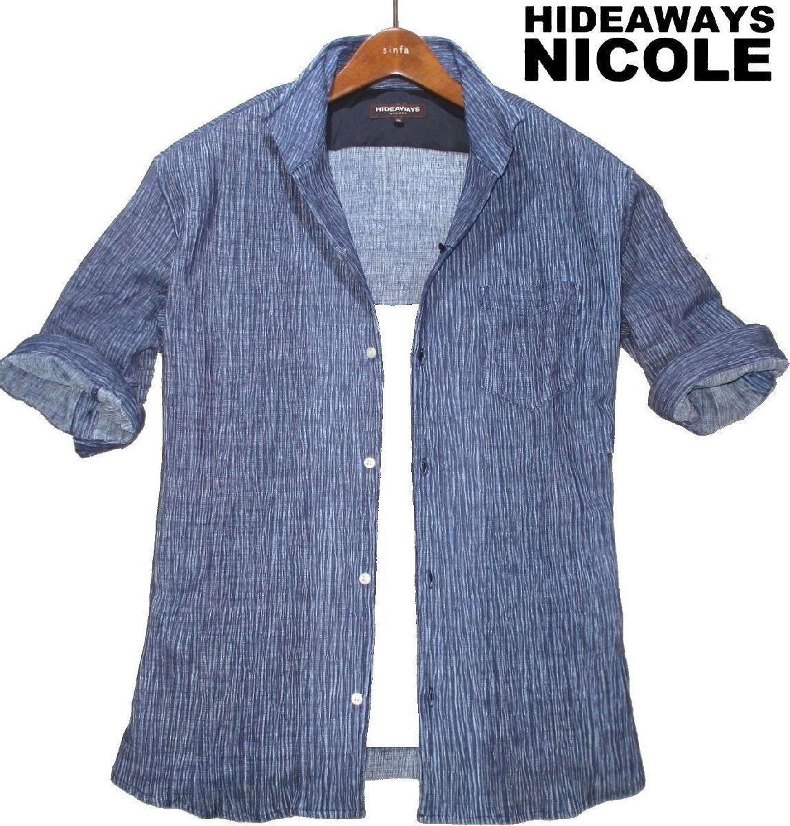 新品ラス1 夏物 XL 定価1.3万▼ ニコル HIDEAWAYS NICOLE 5分袖シャツ 立衿 ワイヤー入 イタリアンカラー ニコル 紺 ネイビー メンズ 50 LL拍卖
