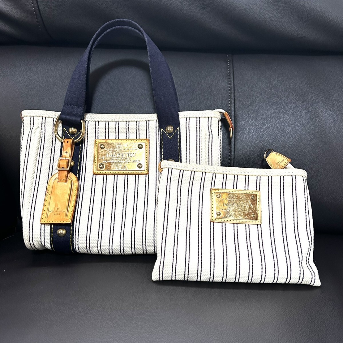 ルイ・ヴィトン LOUIS VUITTON アンティグア カバ PM ハンドバッグ キャンバス ネイビー ポーチ付き拍卖