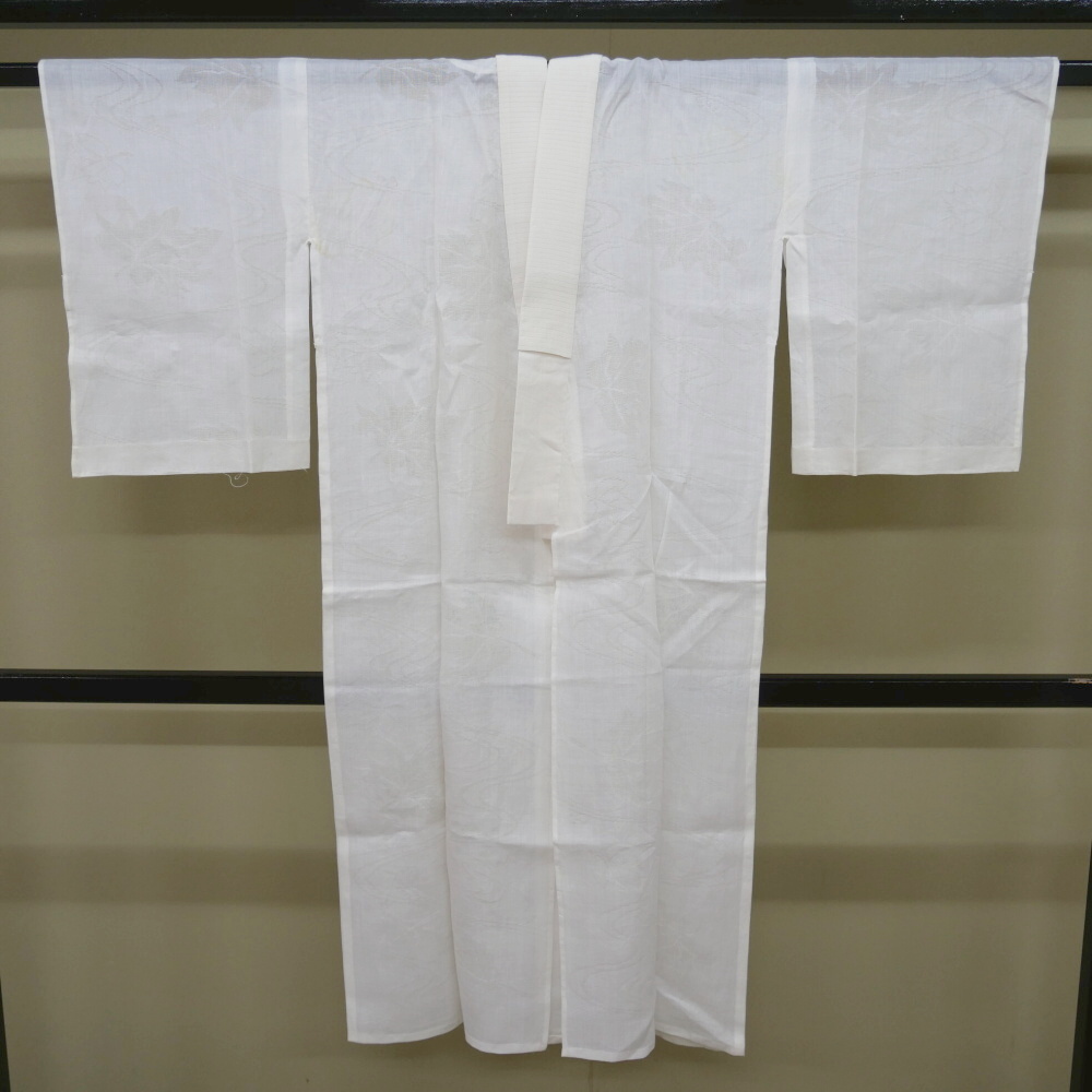 B6-7【凛々】中古品 本麻 夏物紋紗 長襦袢 生成り 流水 植物 ③拍卖