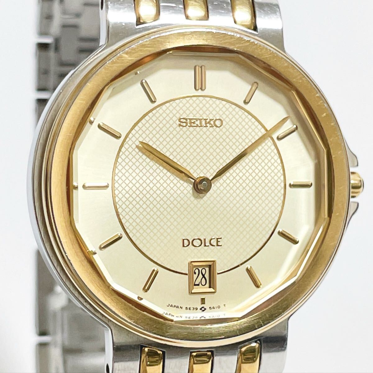 美品 稼働品 SEIKO セイコー DOLCE ドルチェ 5E39-5A00 デイト ゴールド×シルバー コンビ ヴィンテージ QZ クォーツ メンズ腕時計拍卖
