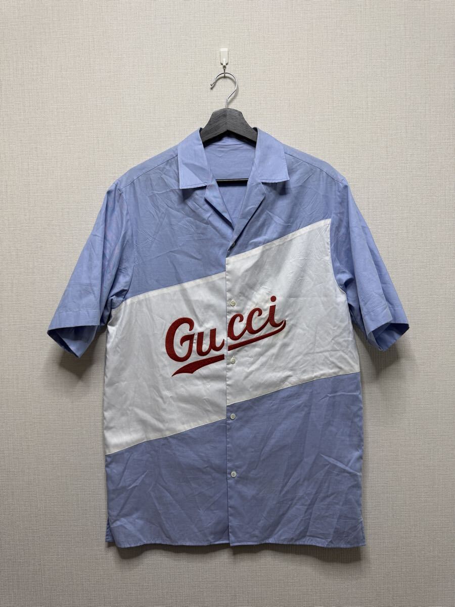 1円 美品 希少 GUCCI グッチ ボウリングシャツ 半袖シャツ オープンカラーシャツ ブルー×ホワイト コットン拍卖