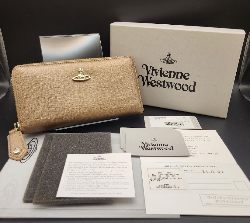 新品同様/Vivienne Westwood 長財布 ヴィクトリア ラウンドファスナー ゴールド ベージュ インコントロ 付属品 ヴィヴィアンウエストウッド拍卖