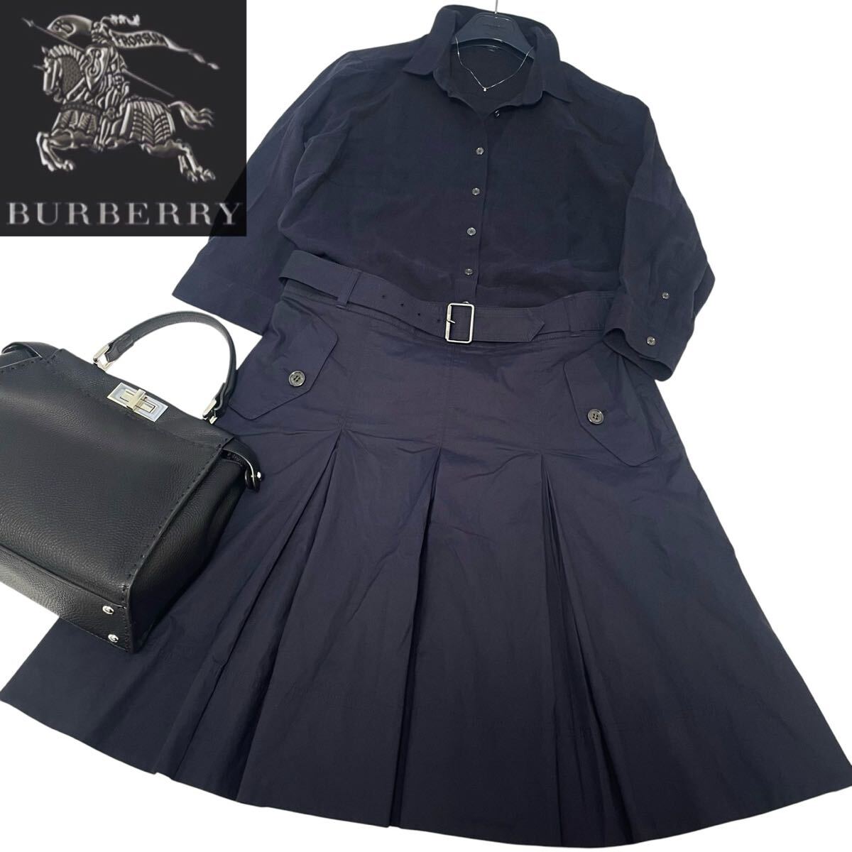 ◆ゆったり大きいサイズ◆バーバリー◆BURBERRY 46-48/15-17号/XXL.3L.4L リネン混シアーメガチェックシャツ&ベルテッドスカート濃紺スーツ拍卖
