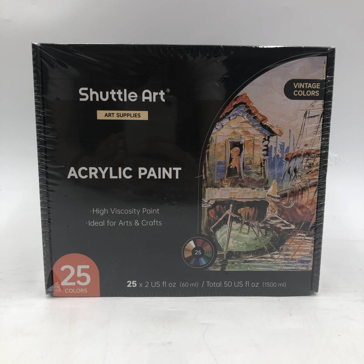 【新品未開封】Shuttle Art アクリル絵の具 ビンテージカラー 25色 絵の具セット 60ml ペイントブラシ3本 パレット付き 絵具 /Y42343-D1拍卖