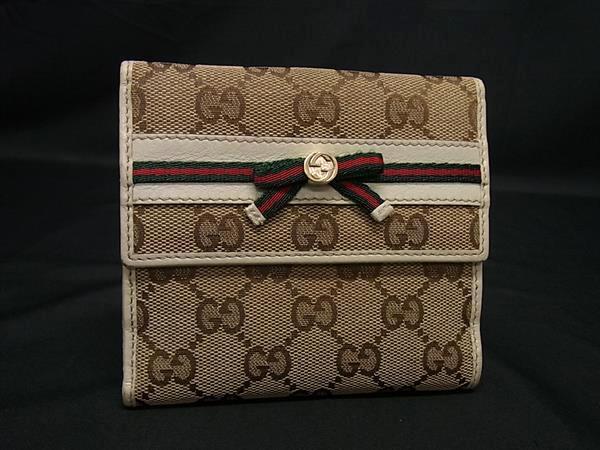 1円 GUCCI グッチ 256997 シェリーライン GG柄 GGキャンバス×レザー リボン 二つ折り 財布 ウォレット ブラウン系×アイボリー系 HE1451拍卖