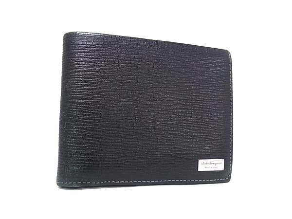 1円 Salvatore Ferragamo フェラガモ KY-66 7068 レザー 二つ折り 財布 ウォレット 札入れ カード入れ メンズ ブラック系 FZ5724拍卖