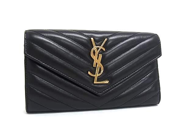 1円 ■極美品■ YVESSAINTLAURENT イヴサンローラン カサンドラ Vステッチ レザー 二つ折り 長財布 ウォレット ブラック系 FZ5664拍卖