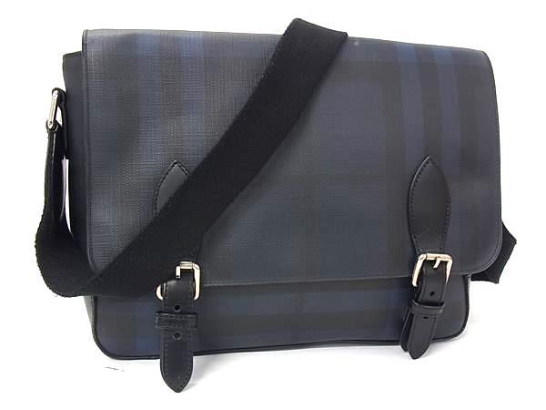 1円 BURBERRY バーバリー PVC×レザー チェック柄 クロスボディ ショルダーバッグ 斜め掛け メンズ ブラック系×ブルー系 FZ5850拍卖