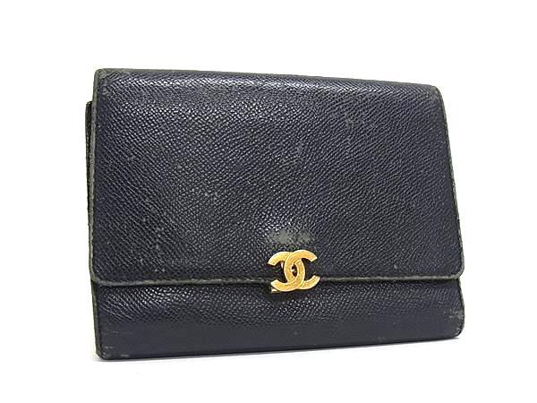 1円 CHANEL シャネル ココマーク キャビアスキン 三つ折り 財布 ウォレット 札入れ 小銭入れ カード入れ レディース ブラック系 HE1634拍卖
