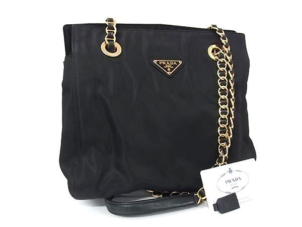 1円 PRADA プラダ B4418 テスートナイロン×レザー チェーン ショルダーバッグ トートバッグ 肩掛け ブラック系×ゴールド系 HD0282拍卖