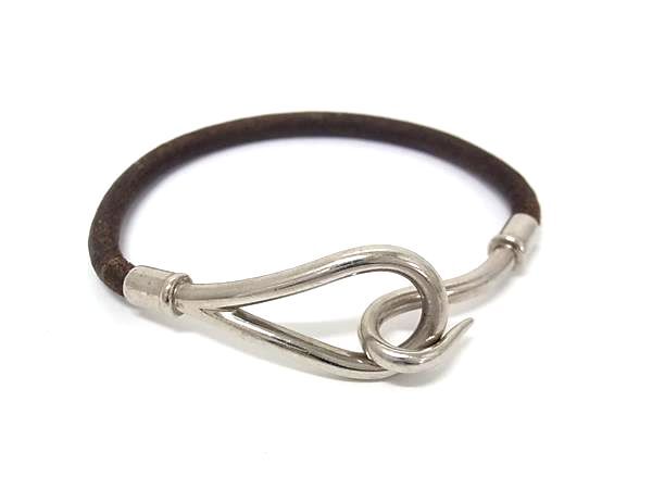 1円 HERMES エルメス ジャンボ レザー シルバー金具 ブレスレット バングル アクセサリー レディース メンズ ブラウン系 BR4629拍卖