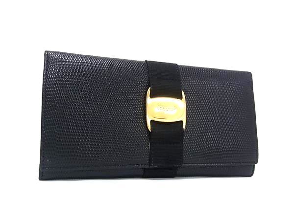 1円 ■美品■ Salvatore Ferragamo フェラガモ 22 3059 ヴァラ リザード型押しレザー 二つ折り 長財布 ウォレット ブラック系 FZ5719拍卖