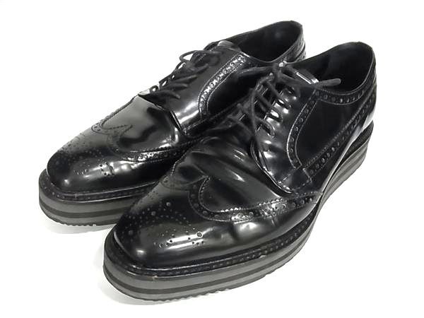■美品■ PRADA プラダ レザー ウィングチップ 表記サイズ 6 1/2 (約25.5cm) 靴 シューズ メンズ ブラック系 DP4504拍卖