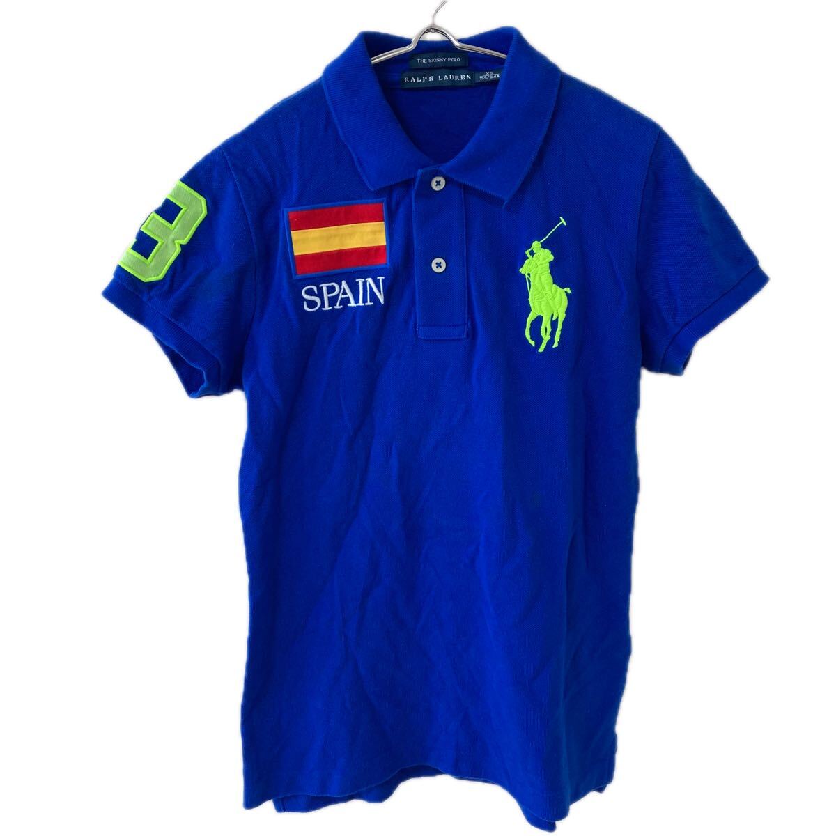 7NG061-37 RALPH LAUREN POLO ラルフローレン ポロ ポロシャツ トップス ビッグポニー ロゴ サイドスリット 半袖 レディース XS ブルー拍卖