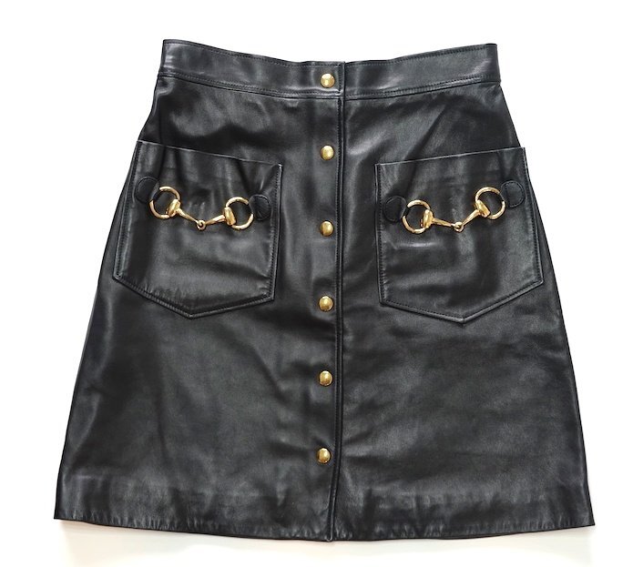 美品 GUCCI グッチ ホースビット ラムレザー ラップ スカート 458144 ミケーレ期 ブラック×ゴールド金具 羊革 レディース 38拍卖