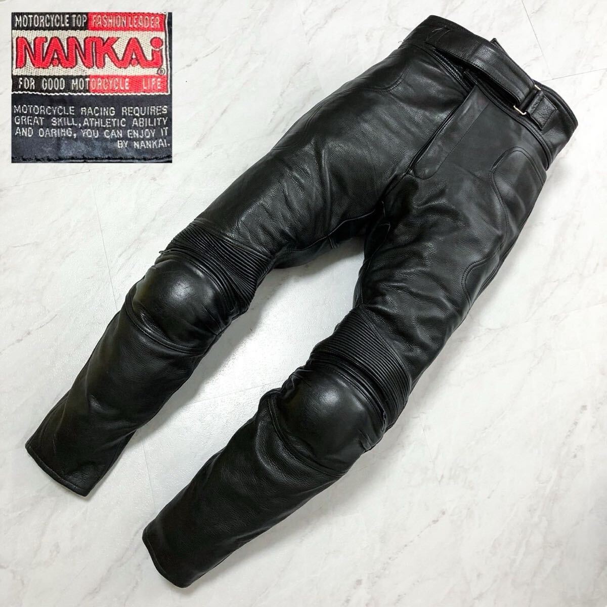 6779【LL】NANKAI レザー ライディング パンツ プロテクター 本革 リブ 南海 ナンカイ メンズ バイク リブ ツーリング ブラック 黒 XL拍卖
