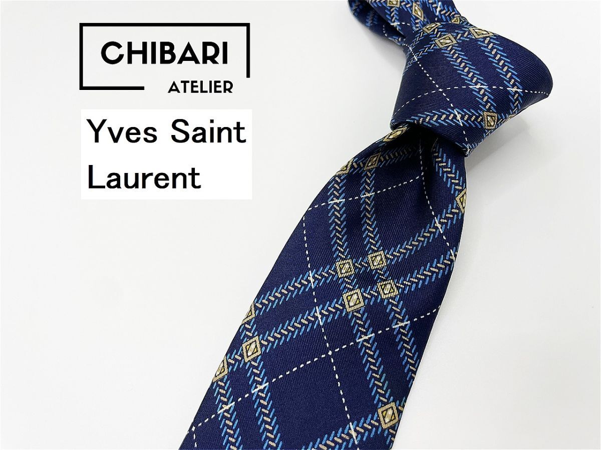 【美品】YvesSaintLaurent サンローラン チェック柄 ネクタイ 3本以上 送料無料 メンズ ネイビー 0604220拍卖