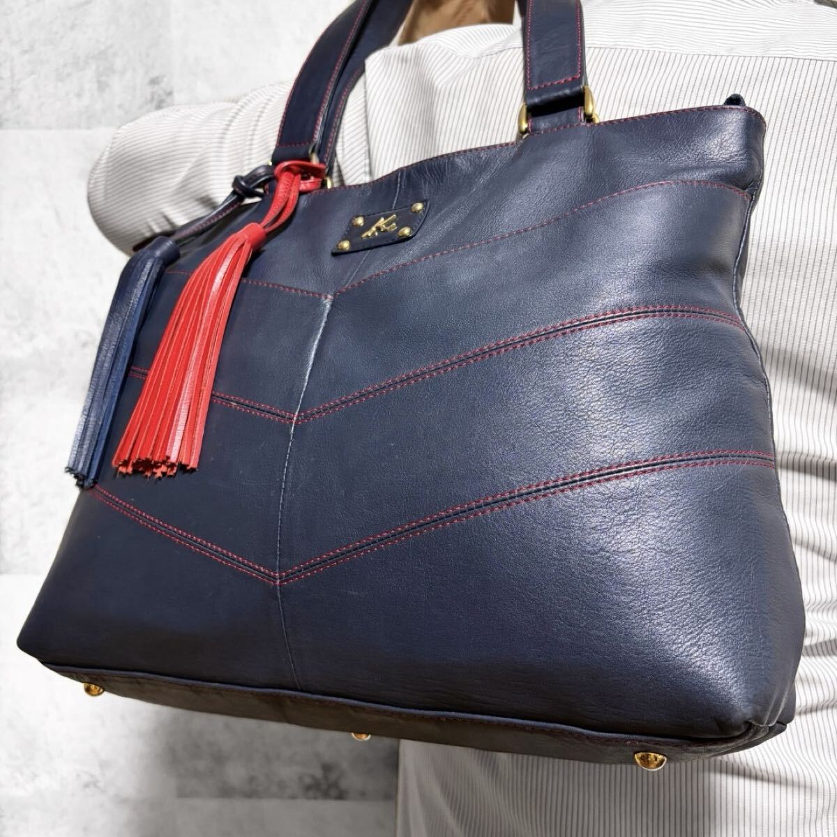 美品/希少カラー◎ キタムラ Kitamura メンズ A4収納 ビジネス 肩掛け トートバッグ Kロゴ金具 バイカラー ネイビー×レッド レザー 本革拍卖