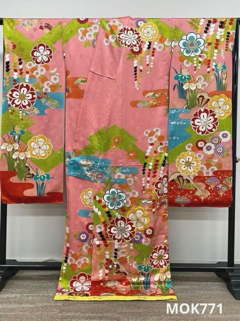 ブランド振袖 仮絵羽 華乱 金彩 銀彩 正絹 未仕立て品 八掛付き MOK771拍卖