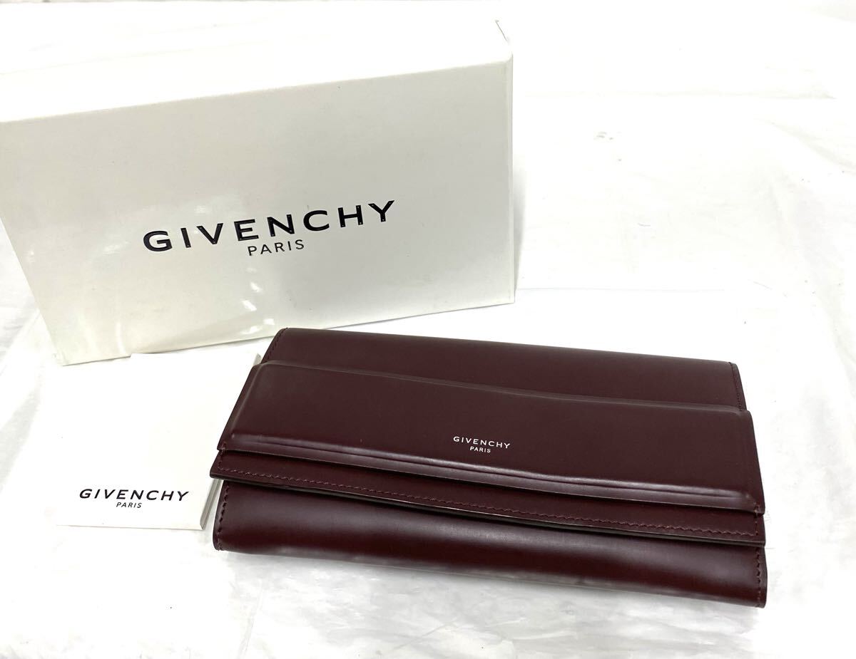 比較的美品 ジバンシィ(GIVENCHY)ホライゾンシリーズ現状品 フラップ 長財布 ボルドー系 Oxblood Red 二つ折り ウォレット 箱 カ4拍卖