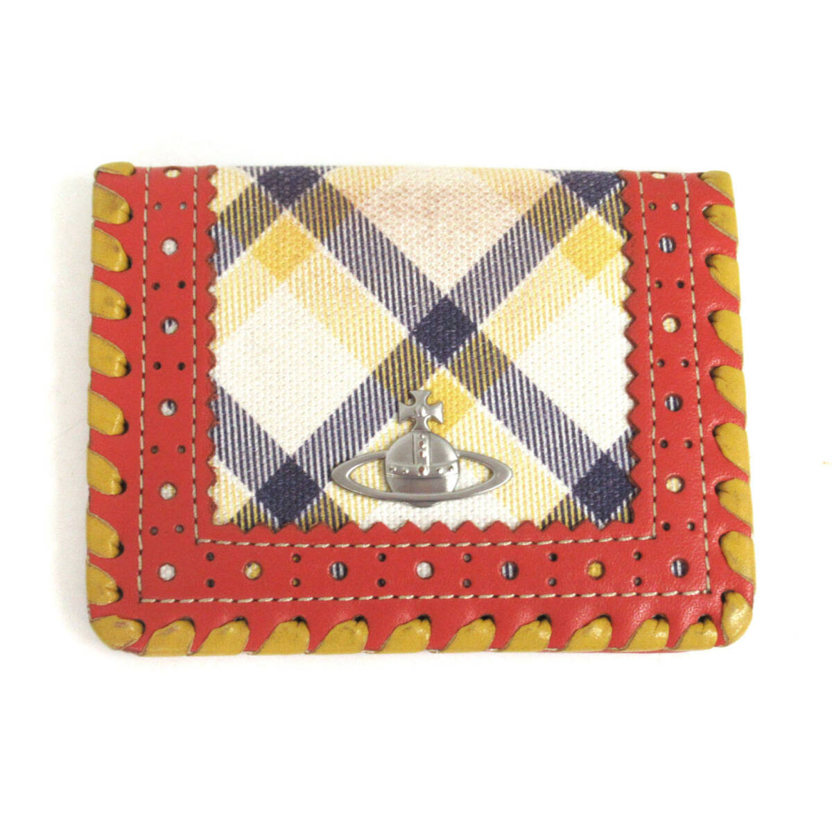 WD26570 Vivienne Westwood ヴィヴィアンウエストウッド オーブ チェック柄 パスケース カードケース コットン×レザー イエロー×レッド系拍卖