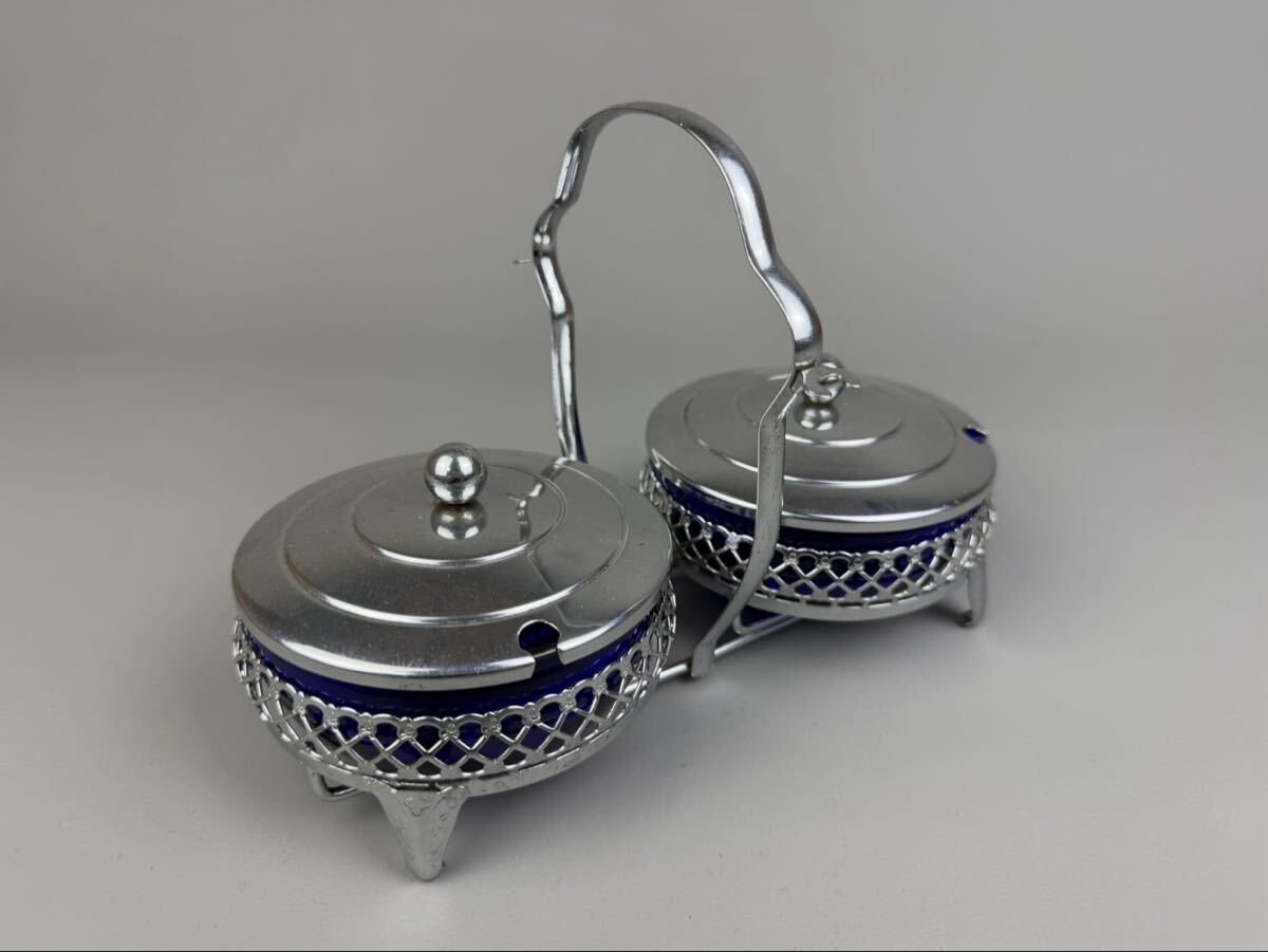 【猫八】ヴィンテージ ダブルシュガーポット ブルー 喫茶店 ガラス製 ヴィンテージ 砂糖入れ イギリス製 シルバー拍卖