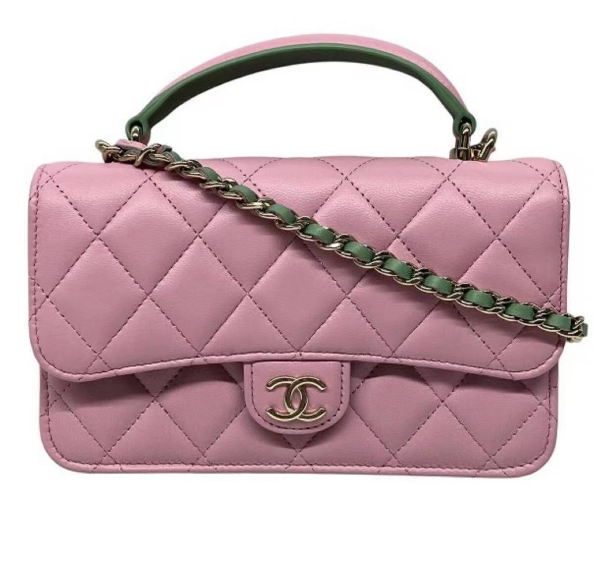 1円〜 美品 CHANEL シャネル マトラッセ AP3226 フォンケース チェーンショルダー ピンク×ライトグリーン レディース拍卖