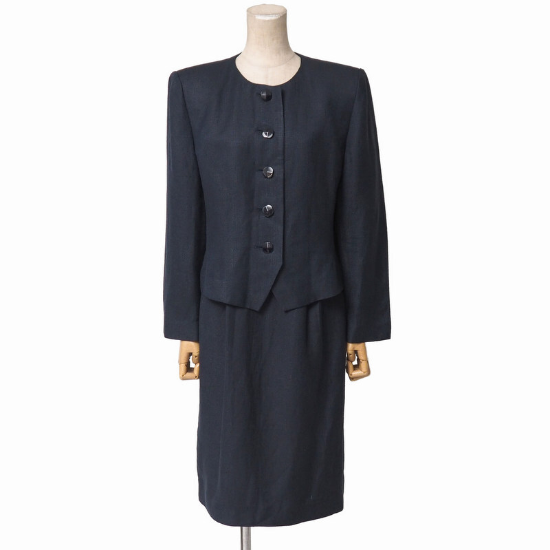 MJ4872□イヴサンローラン/Yves Saint Laurent/YSL スカートスーツ セットアップ ノーカラージャケット+スカート リネン混 レディース L,M拍卖