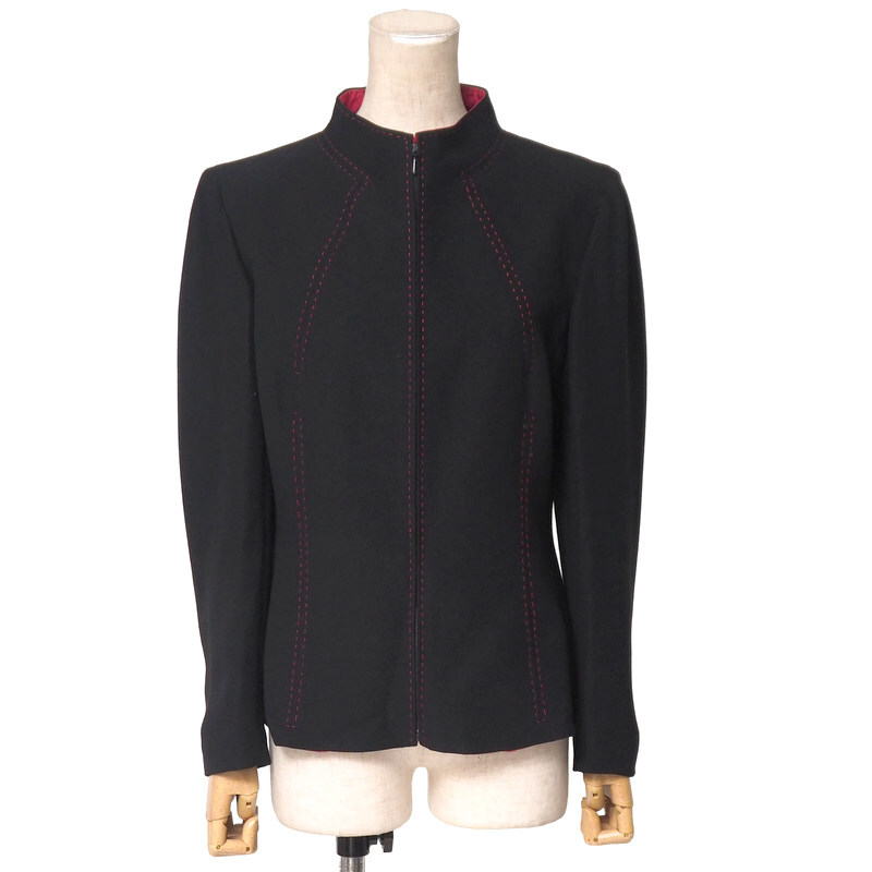 MJ4884□イタリア製 ヴァレンティノ/VALENTINO BOUTIQUE スタンドカラー フロントジップ ジャケット レディース サイズ8 黒×赤系拍卖