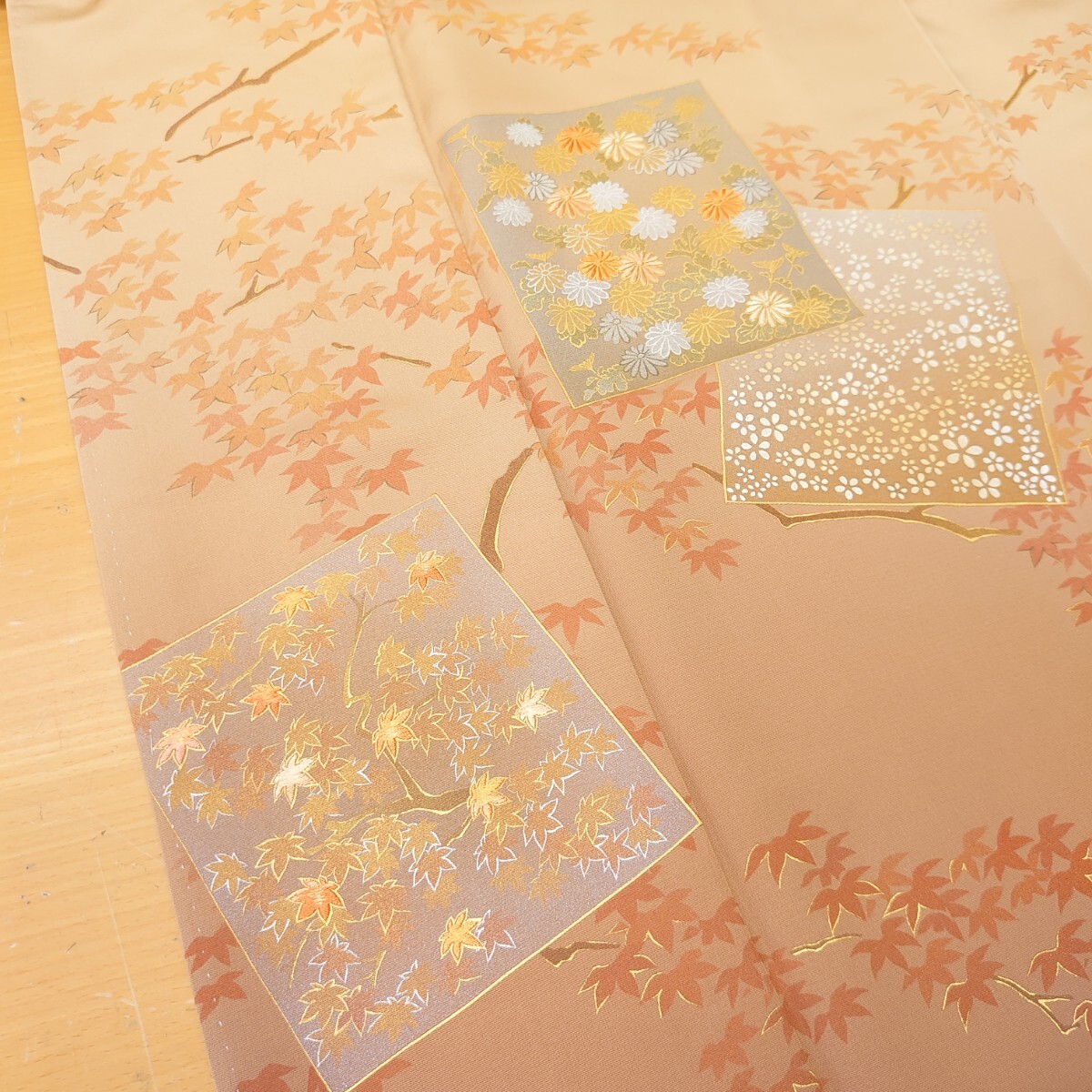 ◆未着用品/訪問着/人間国宝 福田喜三郎/落款あり/身長158㎝前後/雄黄色/一ッ紋/真田六文銭/刺繍/色紙文/礼装/フォーマル/KTA951拍卖