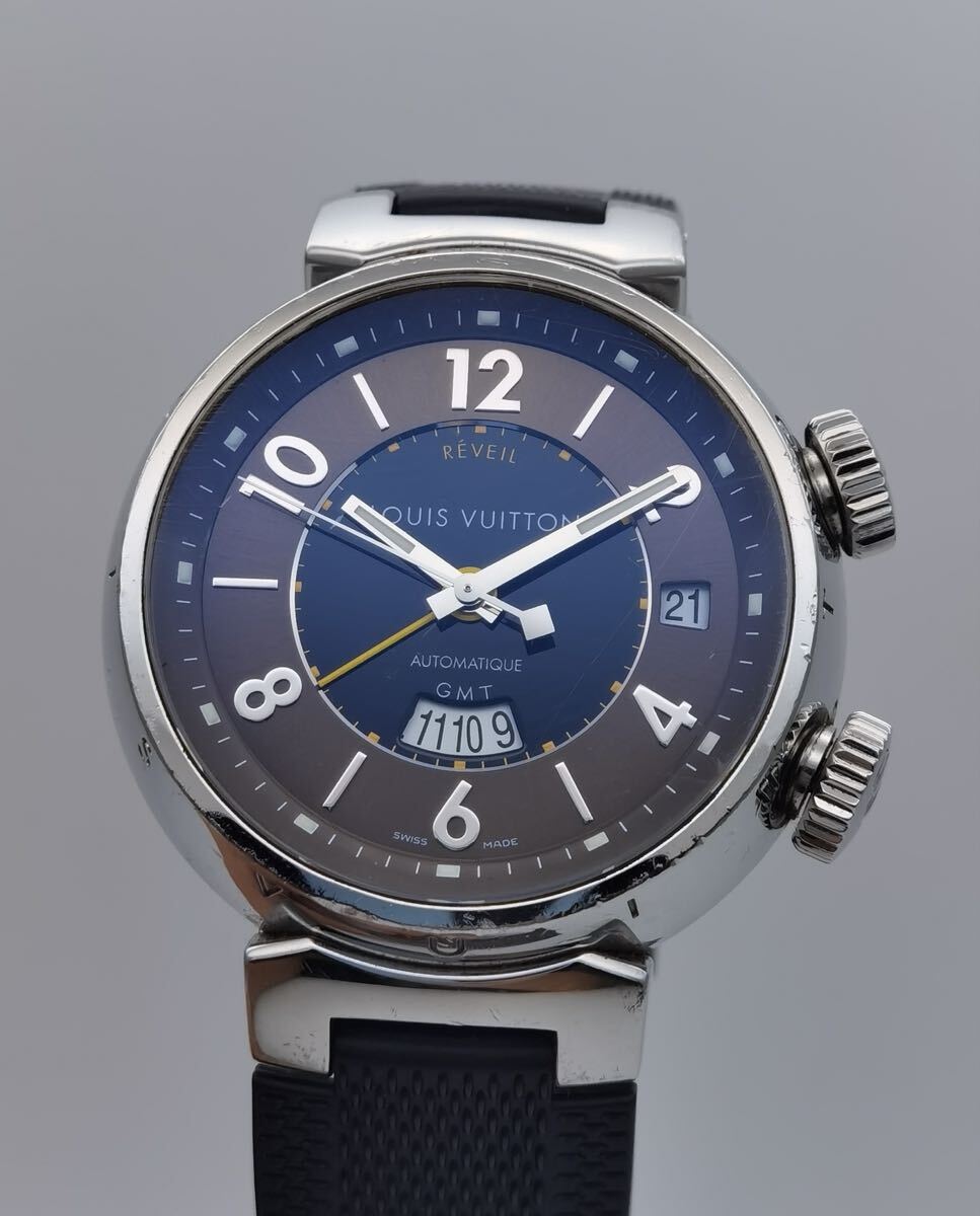 中古 ルイ・ヴィトン LOUIS VUITTON タンブール GMT レヴェイユ アラーム Q1151 デイト SS ブラック/ブラウン 自動巻き メンズ 腕時計拍卖