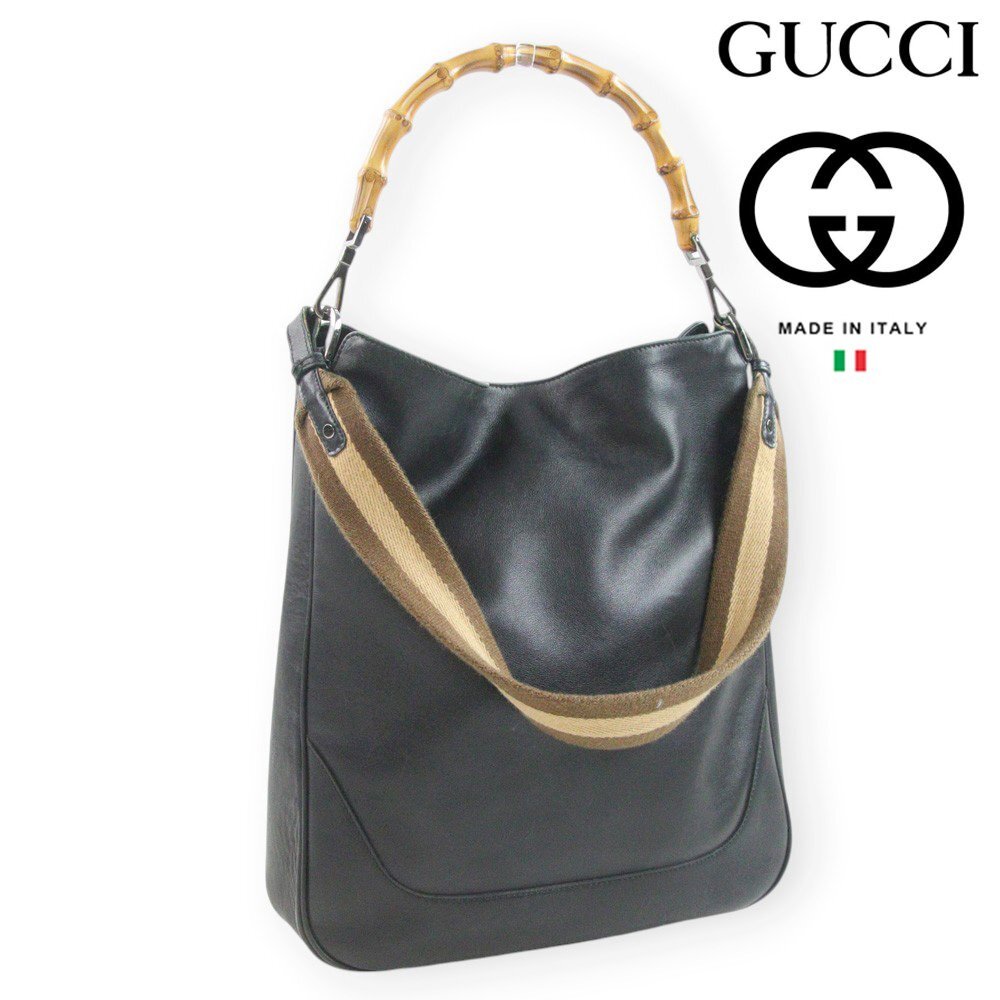 美品 イタリア製 GUCCI オールドグッチ 仔牛革 カーフレザー BAMBOO バンブー 2WAY ショルダーバッグ 黒 【参考価格¥289,300-】拍卖
