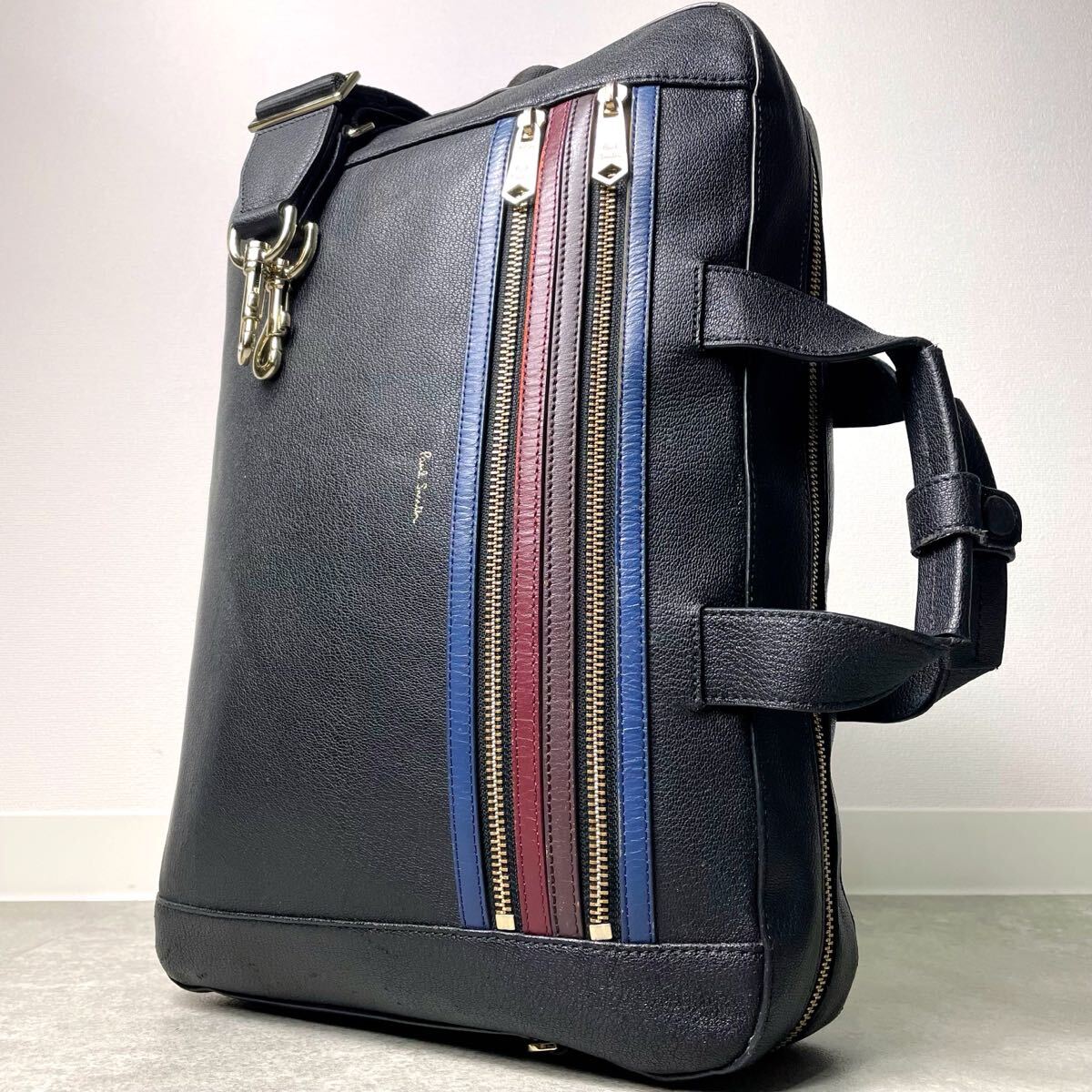 入手困難/近年モデル◎ Paul Smith ポールスミス ビジネスバッグ リュック バックパック 3way ロゴ A4 PC マルチストライプ ブラック拍卖