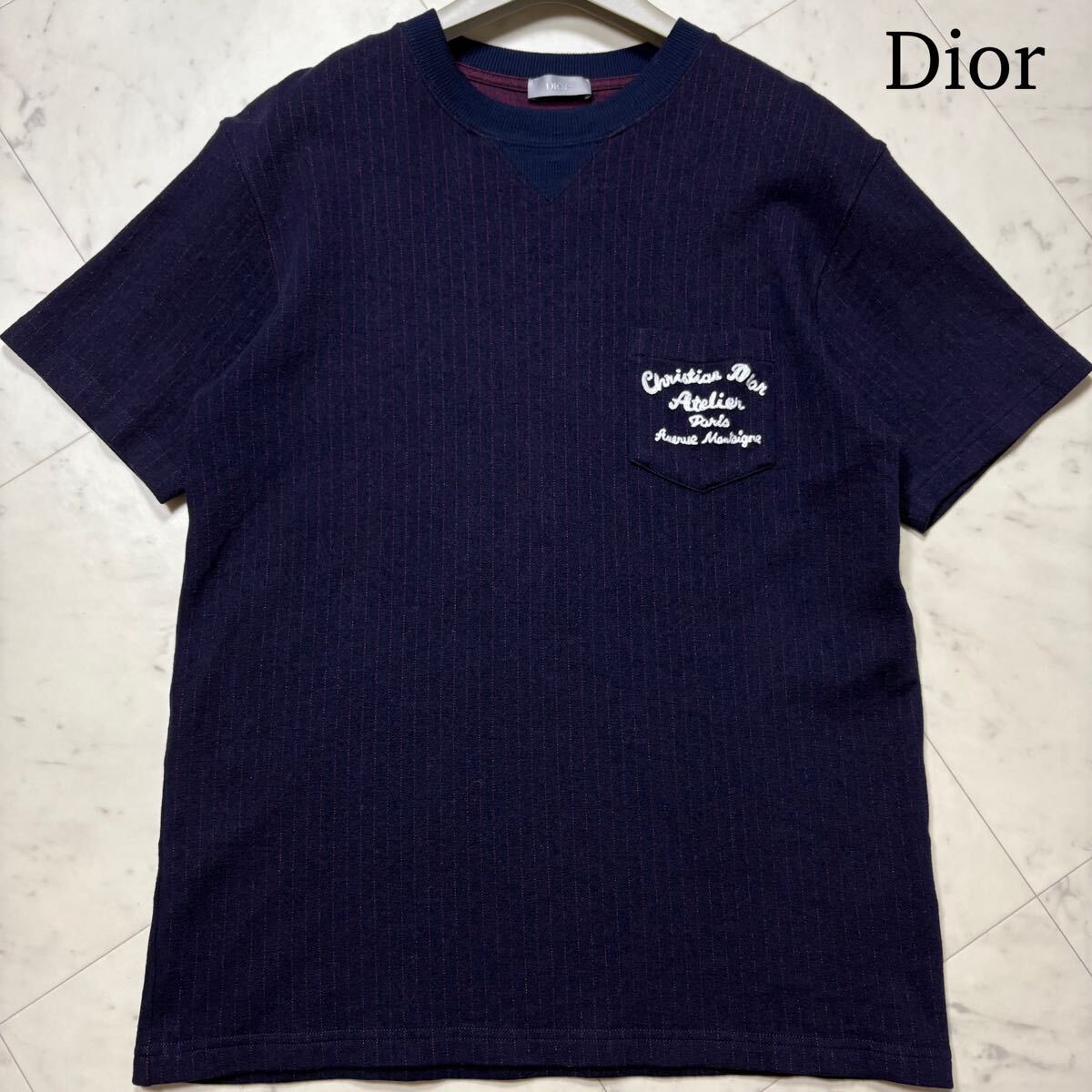 美品/XL★ Dior ディオール Atelier アトリエ ロゴ刺繍 クルーネック Tシャツ カットソー トップス ITALY製 ストレッチ ネイビー 紺 メンズ拍卖