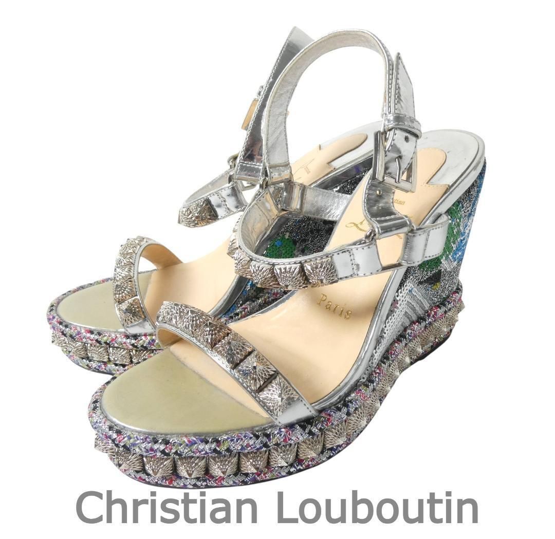 Christian Louboutin クリスチャンルブタン ピラクロウ ウェッジソール サンダル スタッズ グリッター スパンコール シルバー系 35 約22cm拍卖