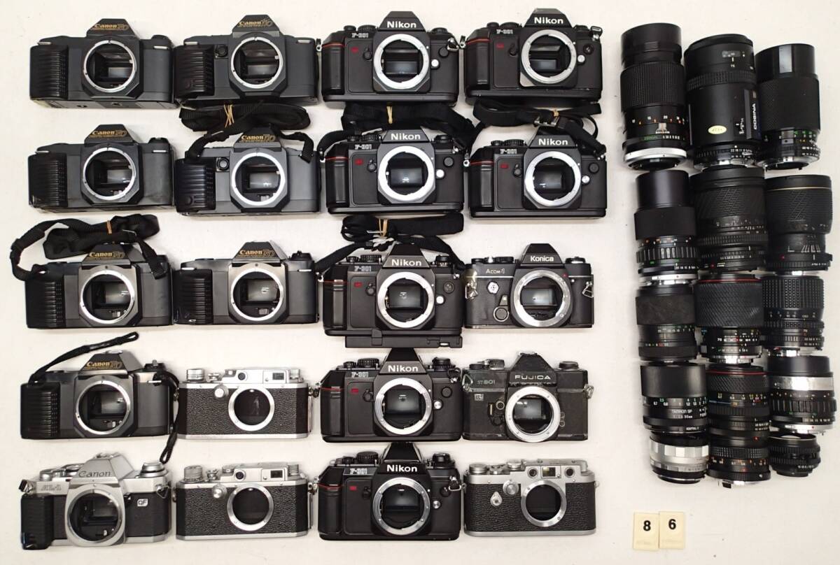 M86D MF 一眼レフカメラ レンズ 大量 まとめて CANON T50 T70 EP AL-1 KONICA NIKON F-301 FUJICA ST801 LEOTAX 等 中古 レトロ ジャンク拍卖