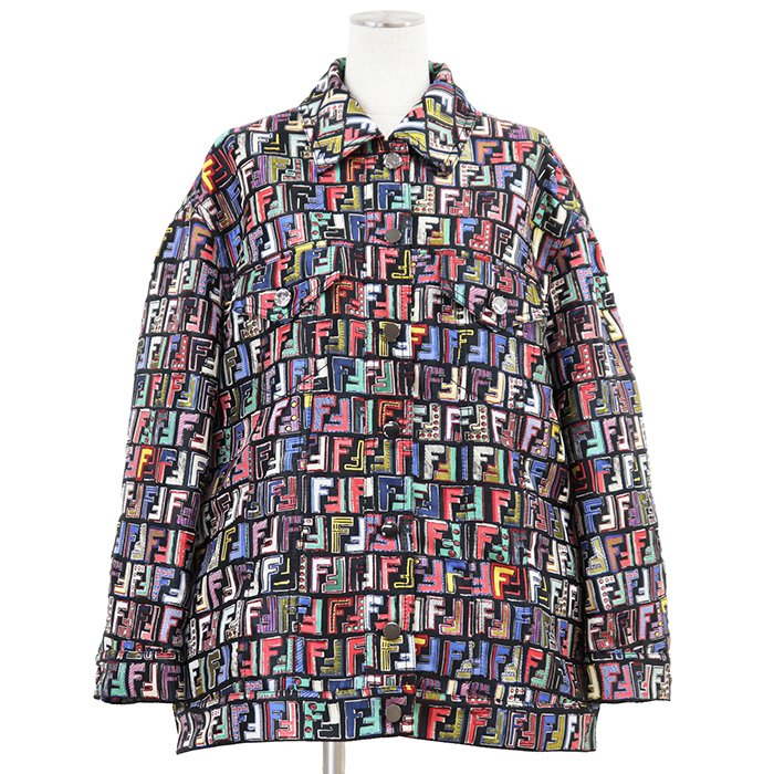【新品同様】FENDI フェンディ トラッカージャケット 44 レディース FF ズッカ ジャカード スタッズ ロゴ マルチカラー ガーメント付属 黒拍卖