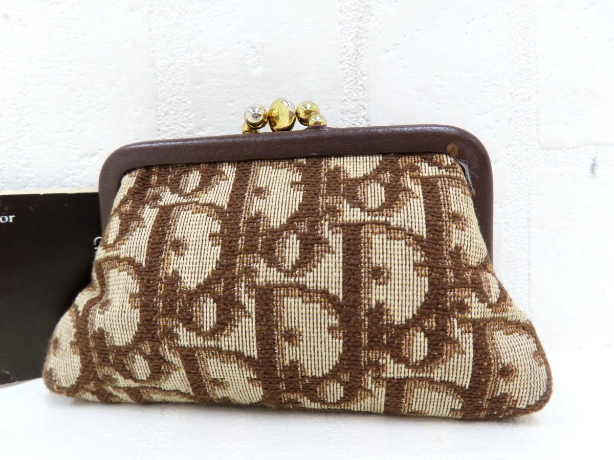 超美品◆Christian Dior クリスチャン・ディオール◆トロッター◆キャンバス カーフ レザー 本革◆がま口 コインケース◆茶 G金具◆A18568拍卖